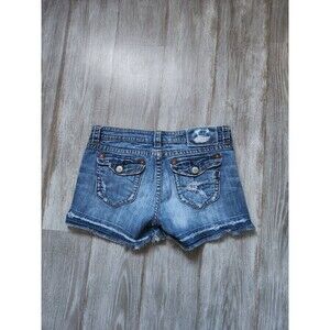 VTG Mek Denim Curacao Blue Jean Shorts Low Rise Distressed Raw Hem Sz 28 Y2K
